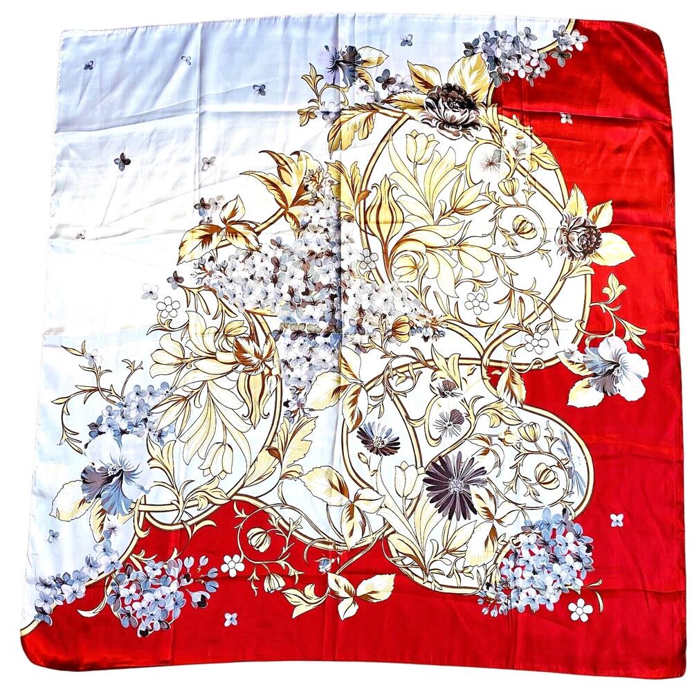 Luxurious Silk Feel Scarf Large 35" Square Red Gray Gold Floral Lux Elegant Wrap